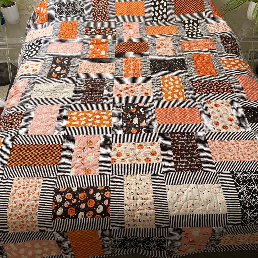 Pastel Halloween Quilt, 75”x75”, cotton fabric, cotton/scrim batting, handmade